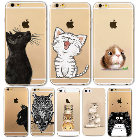 Phone Case For Apple iPhone 6 6S 6Plus 6s Plus 4 4S 5 5S SE Soft TPU Silicon Transparent Cover Cute Cat Owl Animal Phone Cases