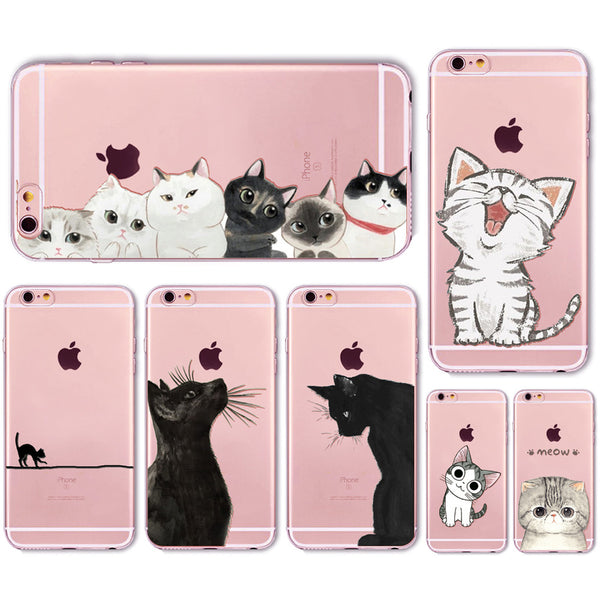 Cute Cat Case Cover For Apple iPhone 6 6s 7 Plus 6sPlus 6Plus 4 4s 5 5s SE Transparent Soft Silicone Cell Phone Bag Capa Cases