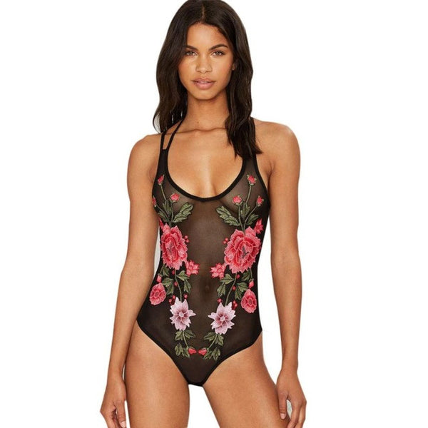 Flower Printing Jumpsuit Women Black Plunge Neck Floral Sheer Mesh Bodysuit Leotard Lingerie Top macacao feminino