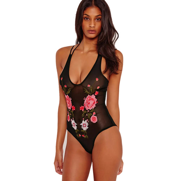 Flower Printing Jumpsuit Women Black Plunge Neck Floral Sheer Mesh Bodysuit Leotard Lingerie Top macacao feminino