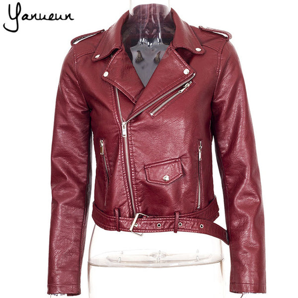 Yanueun Korean Fashion 2017 New Fashion Women Faux Leather Jackets Lady Bomber Motorcycle Cool Outerwear Coat with Belt