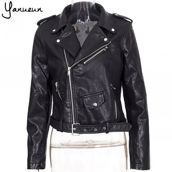 Yanueun Korean Fashion 2017 New Fashion Women Faux Leather Jackets Lady Bomber Motorcycle Cool Outerwear Coat with Belt