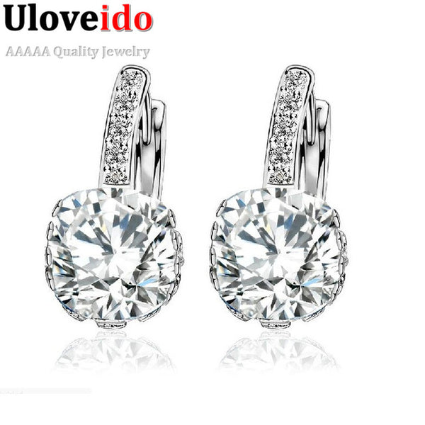 Uloveido Geometric Crystal Wedding Jewelry Earrings for Women Studs Earings Jewelry Blue Cubic Zirconia Stones Ear Clips DML115