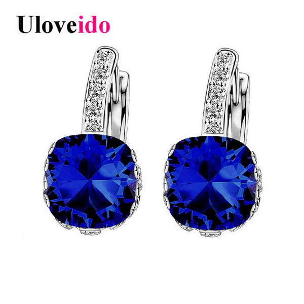 Uloveido Geometric Crystal Wedding Jewelry Earrings for Women Studs Earings Jewelry Blue Cubic Zirconia Stones Ear Clips DML115