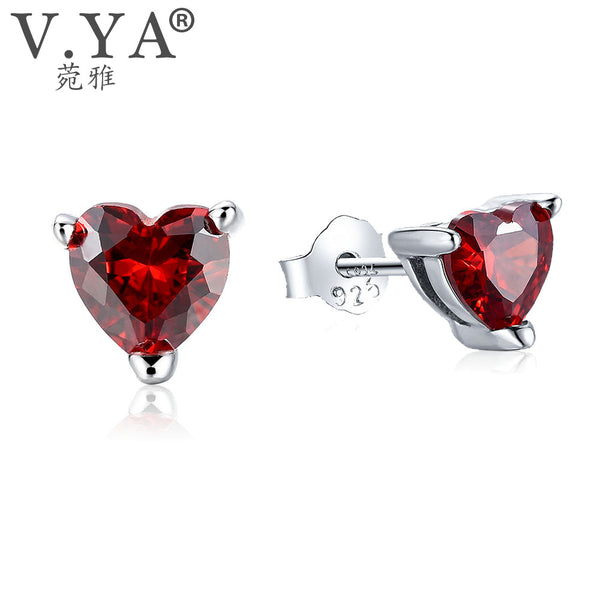 Trendy White 100% Real 925 Sterling Silver Earrings for Women Jewelry Cubic Zirconia Luxury Garnet Heart Stud Earring CE111