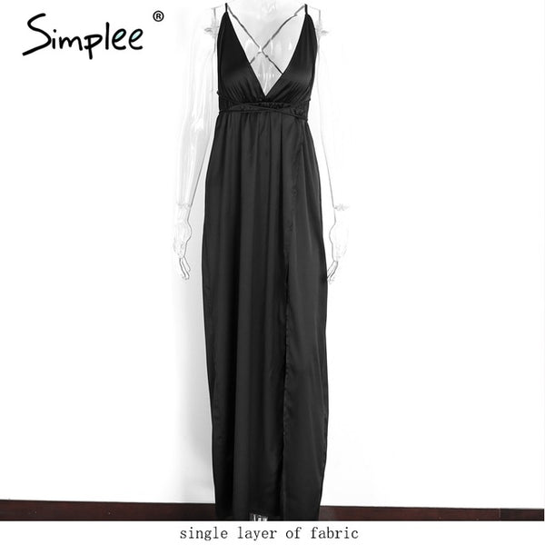 Simplee Slip satin backless sexy long dress Women pajamas summer dress evening Party elegant black maxi dresses vestidos