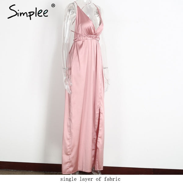 Simplee Slip satin backless sexy long dress Women pajamas summer dress evening Party elegant black maxi dresses vestidos