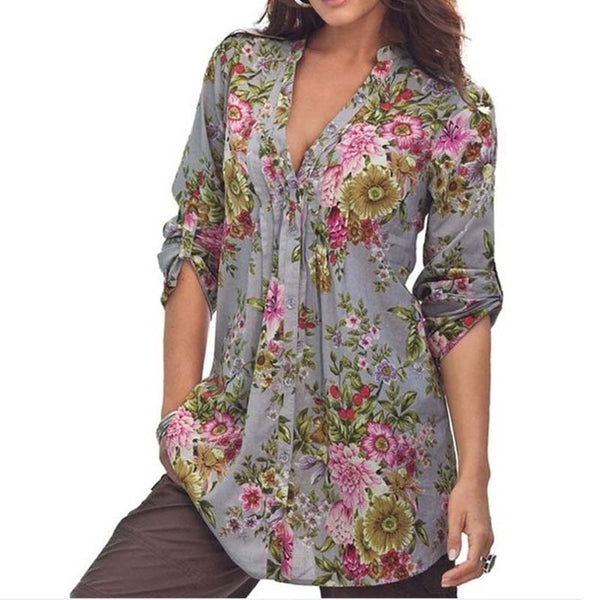 2017 Plus Size Women Blouses Sexy V neck Long Sleeve Shirts Women New Brand Shirt With Dot Florals Womens Blouse Chiffon LJ8126U
