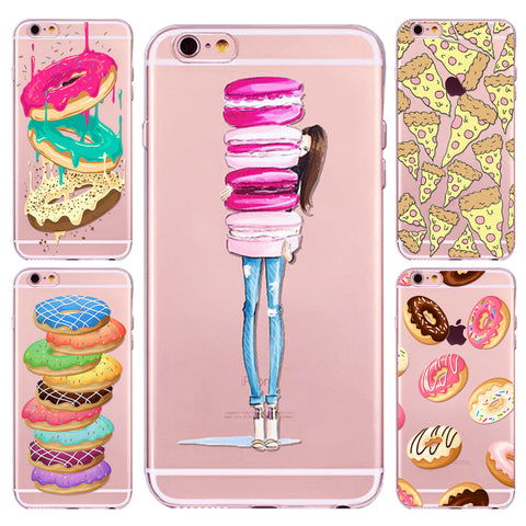 New Ice cream Donuts Macaron Pattern Case Cover For iphone 6 6S Cute Girl Dress Transparent Silicone Moblie Phone Bag Protective