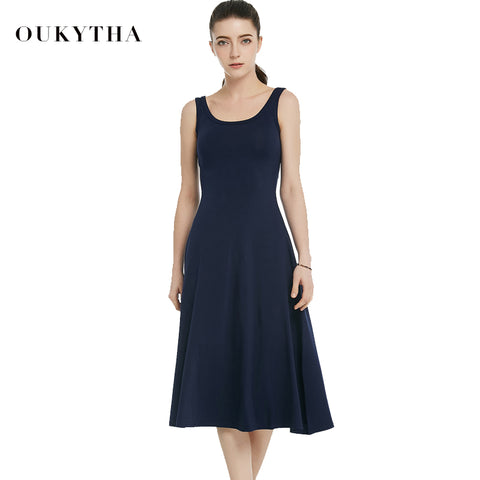 Oukytha Summer Dresses 2017 Ladies Maxi Dress High Waist Sleeveless Casual Vintage O-neck Knee-length Tank Dress Plus SizeQ16187
