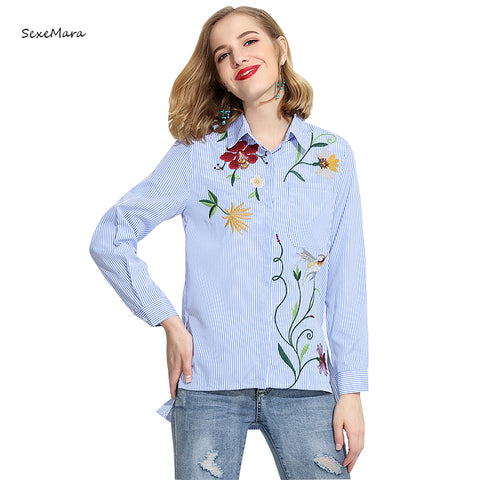2017 women blouse Spring and summer long sleeve cotton female casual striped embroidery patch shirt for Ladies Blouse blouses