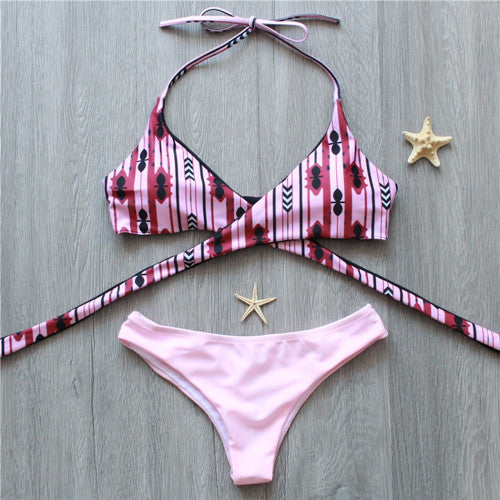 2017 Sexy Strappy Bikini Bandage Swimwear Leaves Tropical Swimsuit Retro Bikini Set Brazilian Bikinis Women Bathing Suit E968