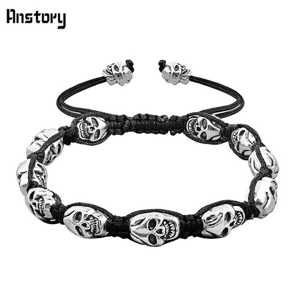 Smile Skull Skeleton Bead Bracelets Strand Vintage Boho Antique Silver Plated Handmade Rope Woven Craft Fashion Jewelry