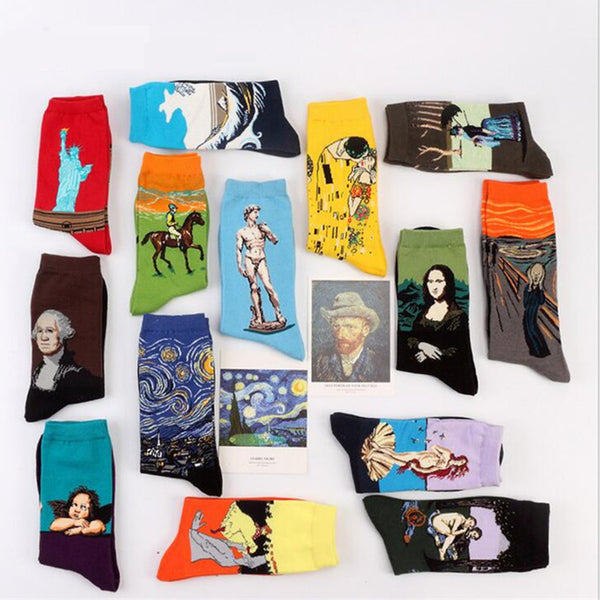 Fashion Art Cotton Crew Printed Socks Painting Character Pattern Women Men Harajuku Design Sox Calcetine Van Gogh Novelty Funny