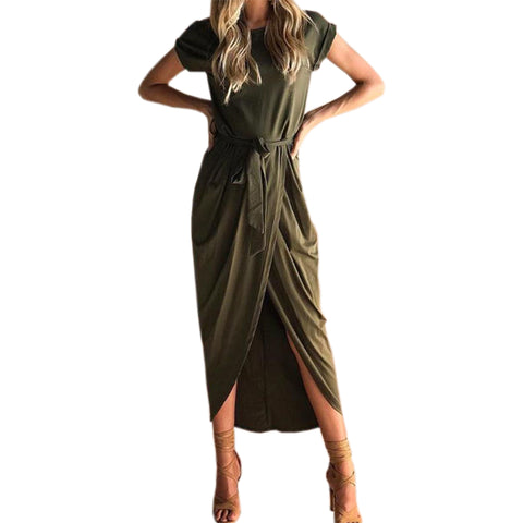 Casual Irregular Maxi Dress Women Short Sleeve Split Long Dress Summer 2017 Solid Office Dresses Vestidos Mujer Plus Size GV718