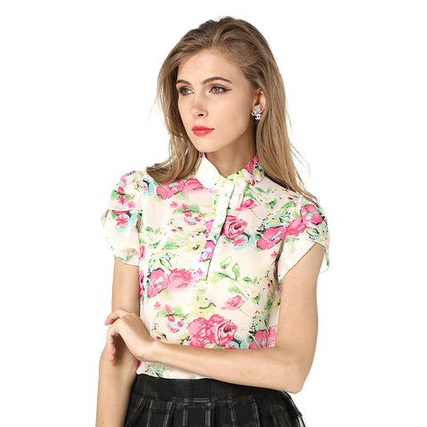 Hotsale Fashion Summer Women Blouses New Printed Flowers Chiffon Short Sleeve Shirts Size S-XXL 3Colors