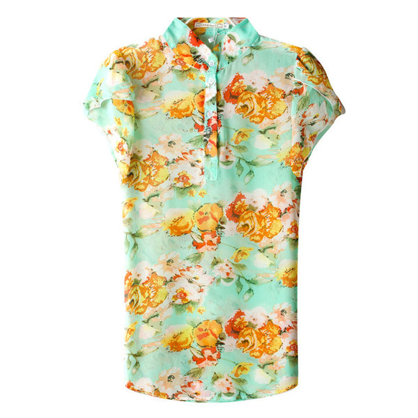 Hotsale Fashion Summer Women Blouses New Printed Flowers Chiffon Short Sleeve Shirts Size S-XXL 3Colors