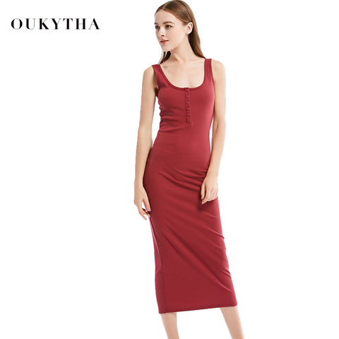 Oukytha 2017 Summer Style Women Maxi Dress Sleeveless Sexy Deep U-neck Vintage Dress Hign Waist Long Dress With Buttons J15003