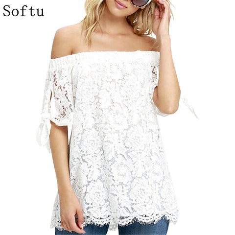 Softu Off Shoulder Women Blouses Lace Crochet Shirts Fashion Blusas Summer Sexy blusas feminina Short Sleeve Casual Tops