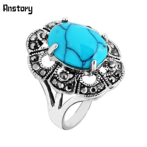 Cute Plum Flower Rhinestone Blue Stone Rings For Women Vintage Look Antique Silver Plated Fashion Jewelry TR408