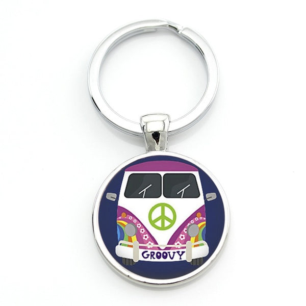 TAFREE new vintage Hippie Peace Sign Van Bus keychain fashion men women purse bag car pendant key chain ring holder jewelry CT89