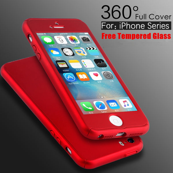 5S SE Luxury 360 Degree Coverage Hard PC Case For Apple iPhone 5 5S SE 6 6S 7 Plus Slim Full Body Cover+Glass Screen Protector