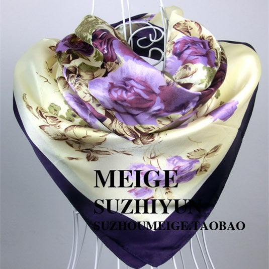 90cm*90cm Free Shipping 2015 New Arrival Women Purple Flower Print oil painting square silk scarf women royal rose shawls