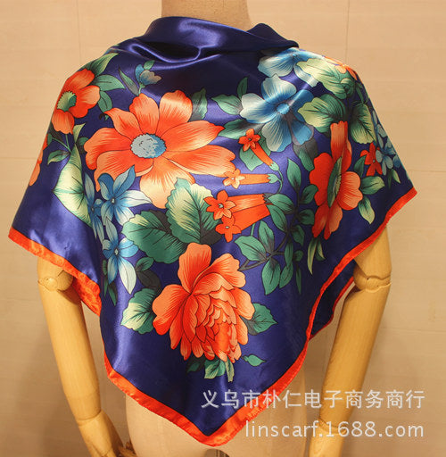 90cm*90cm Free Shipping 2015 New Arrival Women Purple Flower Print oil painting square silk scarf women royal rose shawls