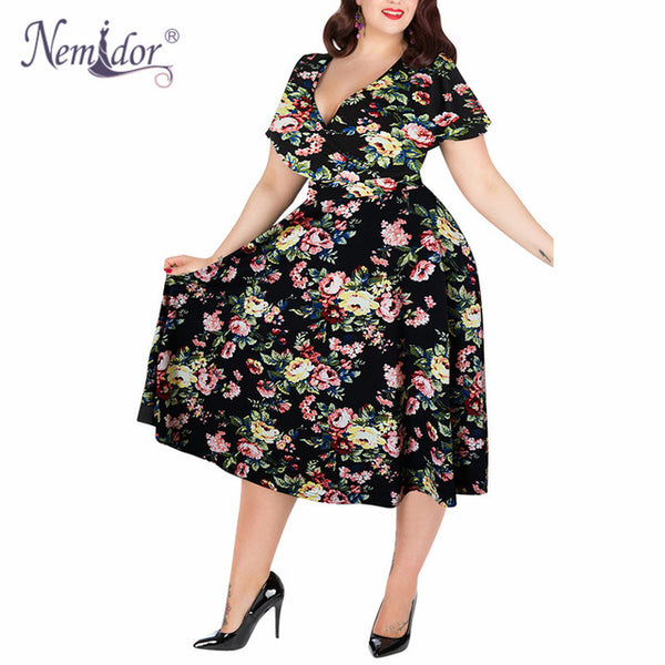 Nemidor Women Sexy V-neck Short Sleeve 50s Party A-line Dress Elegant Stretchy Midi Plus Size 7XL 8XL 9XL Cocktail Swing Dress