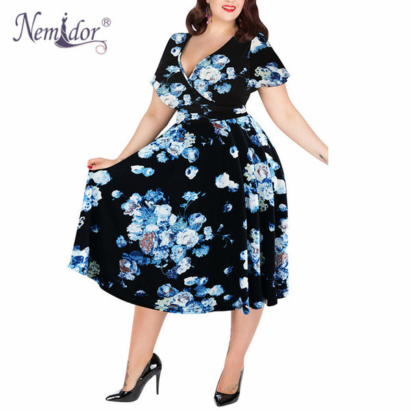 Nemidor Women Sexy V-neck Short Sleeve 50s Party A-line Dress Elegant Stretchy Midi Plus Size 7XL 8XL 9XL Cocktail Swing Dress