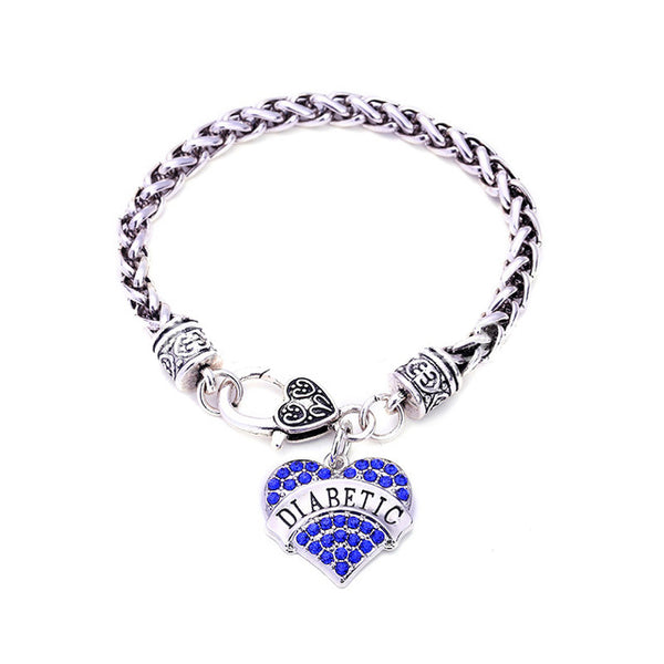 DIABETIC Bracelets DIY Crystal Heart Charm Bracelet Awareness Medical Alert Bracelet Gift