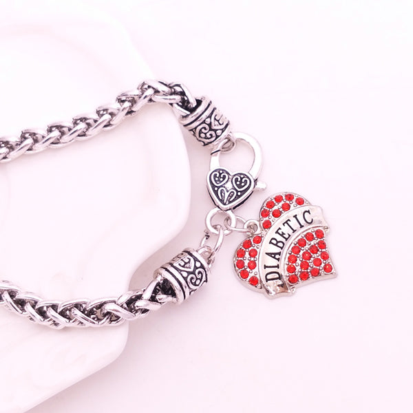 DIABETIC Bracelets DIY Crystal Heart Charm Bracelet Awareness Medical Alert Bracelet Gift