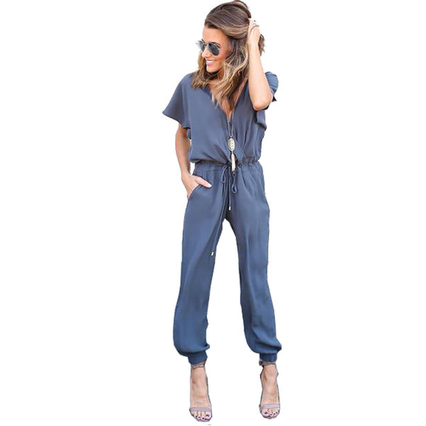 Kaywide Sexy V Neck Pleated Waist Pocket Rompers Womens Jumpsuit Loose Cross Overalls Black Red Short Sleeve Playsuit