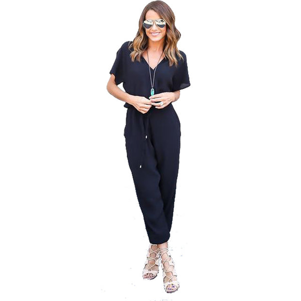 Kaywide Sexy V Neck Pleated Waist Pocket Rompers Womens Jumpsuit Loose Cross Overalls Black Red Short Sleeve Playsuit