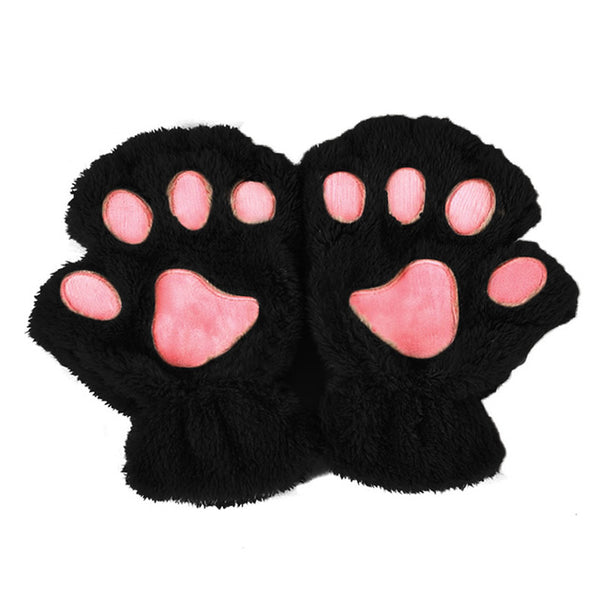 Winter Women Cute Cat Paw Claw Plush Mittens Short Fingerless Finger Half Gloves