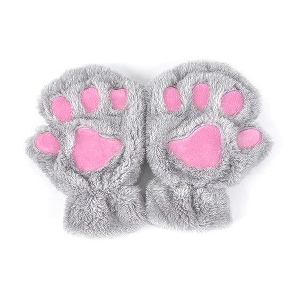Winter Women Cute Cat Paw Claw Plush Mittens Short Fingerless Finger Half Gloves