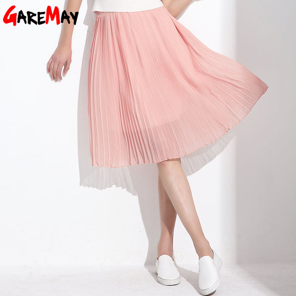 GAREMAY Women Long Chiffon Skirts Summer Pleated Black White Skirt School Faldas Largas Maxi Saia Bohemian Skirt For Women 3019