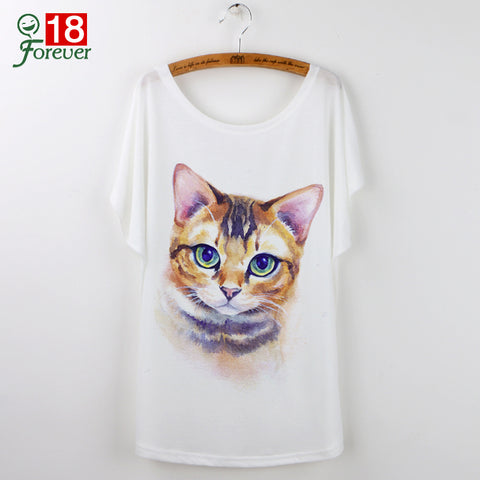 Harajuku Cute Cat T-Shirts Women T shirt 2017 Summer Ladies Tops White Animal Print Tees Batwing Sleeve O-neck Camisetas Mujer