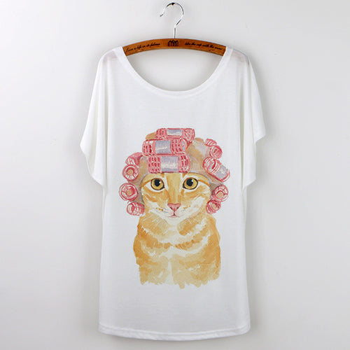 Harajuku Cute Cat T-Shirts Women T shirt 2017 Summer Ladies Tops White Animal Print Tees Batwing Sleeve O-neck Camisetas Mujer