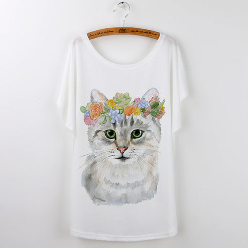 Harajuku Cute Cat T-Shirts Women T shirt 2017 Summer Ladies Tops White Animal Print Tees Batwing Sleeve O-neck Camisetas Mujer