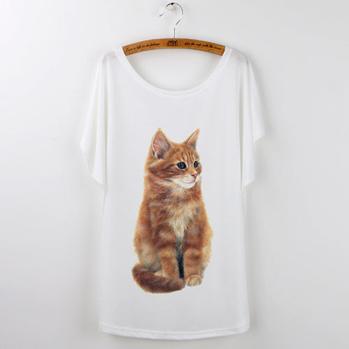 Harajuku Cute Cat T-Shirts Women T shirt 2017 Summer Ladies Tops White Animal Print Tees Batwing Sleeve O-neck Camisetas Mujer