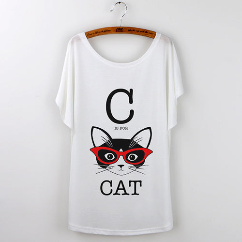 Harajuku Cute Cat T-Shirts Women T shirt 2017 Summer Ladies Tops White Animal Print Tees Batwing Sleeve O-neck Camisetas Mujer