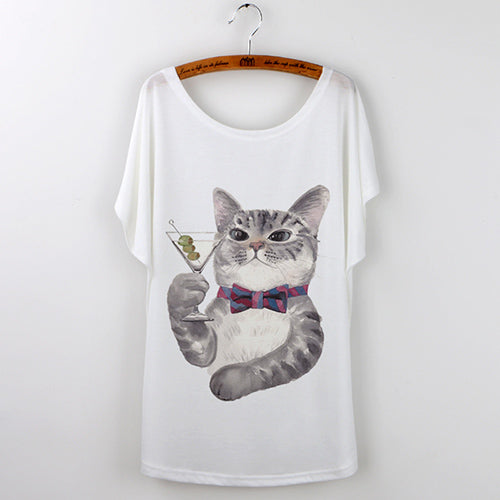 Harajuku Cute Cat T-Shirts Women T shirt 2017 Summer Ladies Tops White Animal Print Tees Batwing Sleeve O-neck Camisetas Mujer