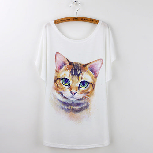 Harajuku Cute Cat T-Shirts Women T shirt 2017 Summer Ladies Tops White Animal Print Tees Batwing Sleeve O-neck Camisetas Mujer