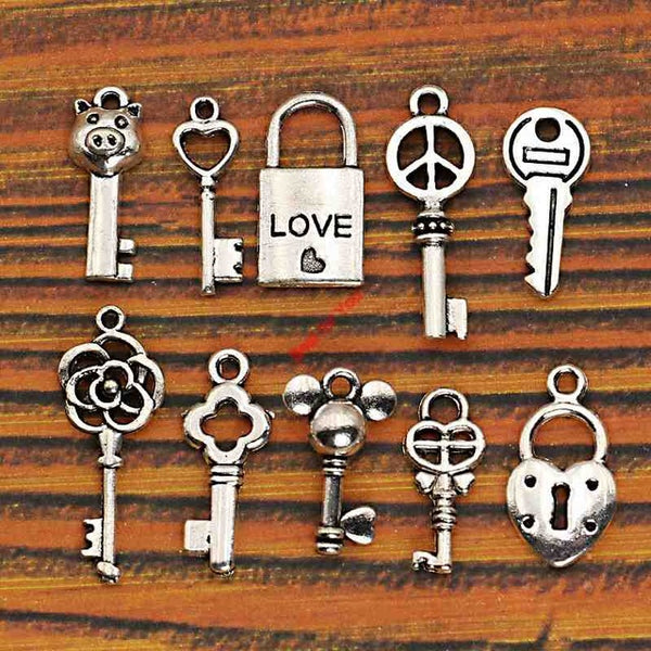 Mixed Tibetan Silver Plated Key Lock Love Charm Pendants for Bracelet Necklace Jewelry Diy Jewelry Making Handmade 10pcs