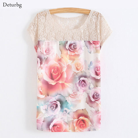 Women's 3D Floral Printed T-Shirt T Shirts 2017 Summer Batwing Sleeve Casual Cotton Blends Lace Patchwork Stretchy Tops SH140