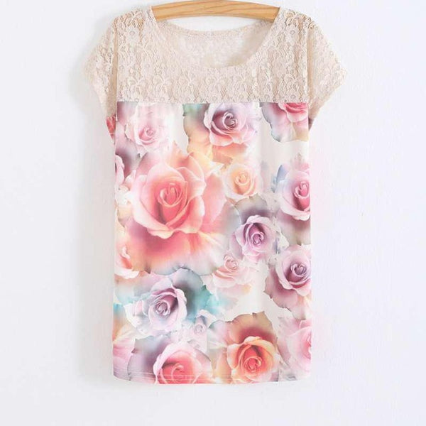 Women's 3D Floral Printed T-Shirt T Shirts 2017 Summer Batwing Sleeve Casual Cotton Blends Lace Patchwork Stretchy Tops SH140