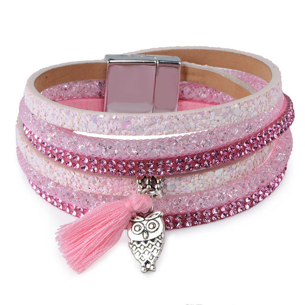13styles Candy Wide Crystal Leather Velvet Boho Bracelet Magnetic Buckle Bohemian Tassel Bracelet For Women Men Boho Jewelry