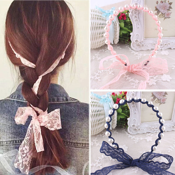 Fashion Women Lace Headbands Hair Accessories Imitated Pearl Scrunchy Hair Bows Elastic Hair Bands Flower Hairbands