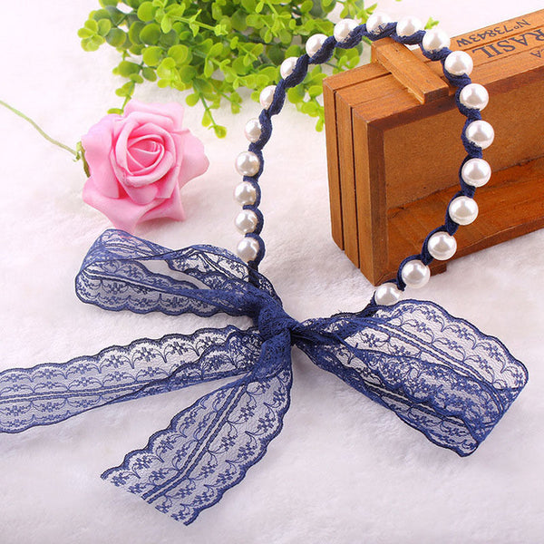 Fashion Women Lace Headbands Hair Accessories Imitated Pearl Scrunchy Hair Bows Elastic Hair Bands Flower Hairbands